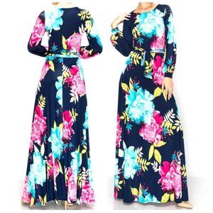 Janette Fashion Blue Pink Flower Bomb Bell Long Sleeve Modest Maxi Dress